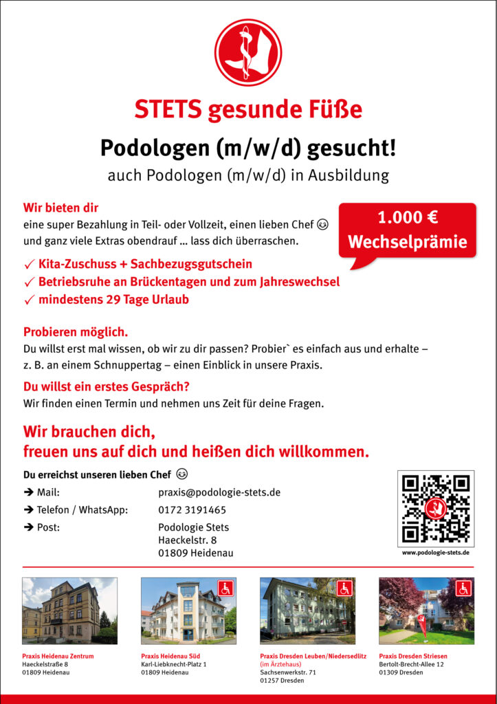 Zweite Seite des Stellenangebots-Flyers der Podologie-Praxis Stets aus Dresden, auf der das Stellenangebot detailliert beschrieben ist.